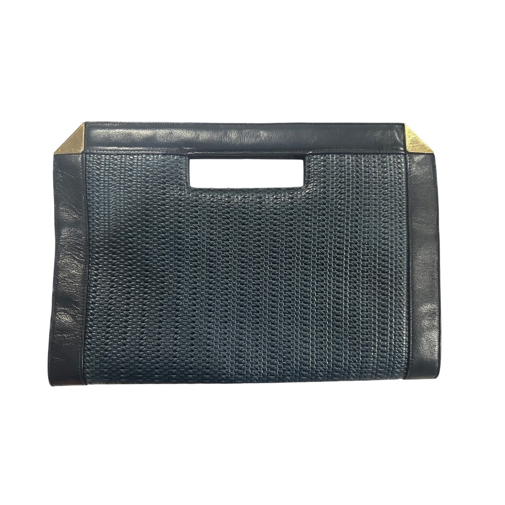 Jay Herbert New York Vintage Navy Blue Leather Woven Cutout Handle Clutch Bag